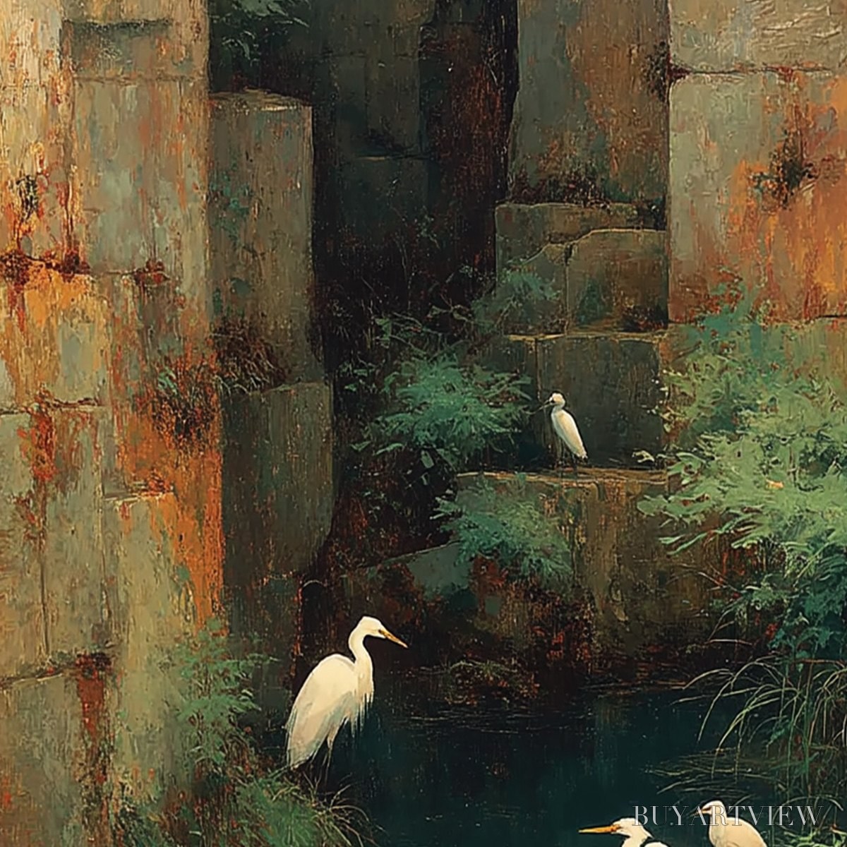 BUYARTVIEW the Forgotten Oasis – Vertical Egret Painting of Birds in a Serene Natural Sanctuary - image 5