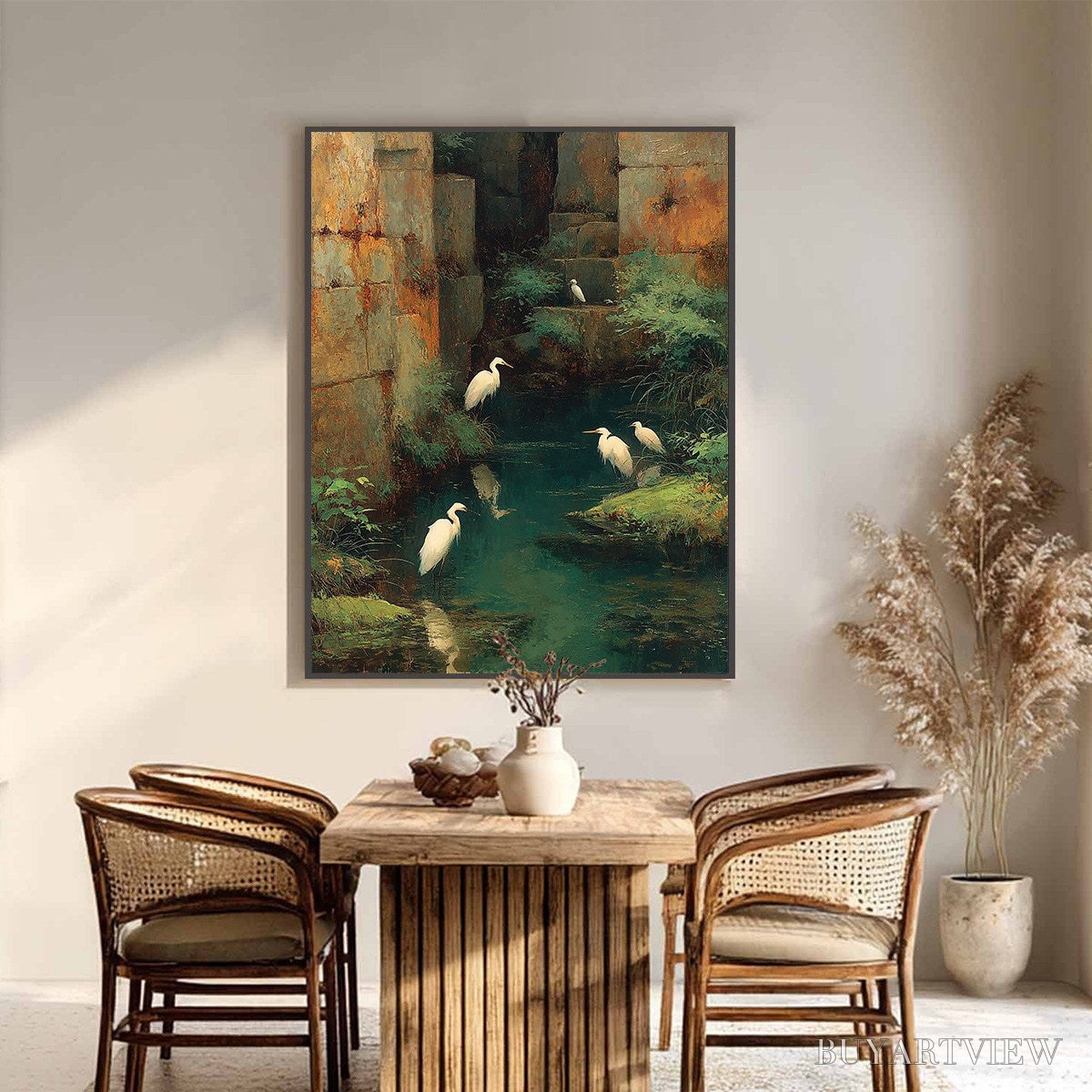 BUYARTVIEW the Forgotten Oasis – Vertical Egret Painting of Birds in a Serene Natural Sanctuary - image 6
