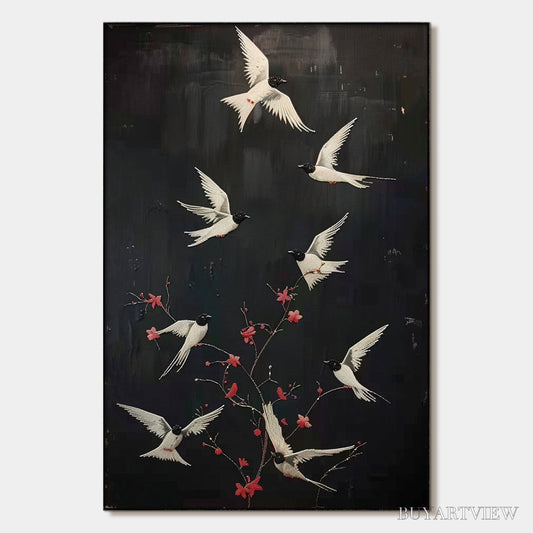 BUYARTVIEW Dancing in the Dark – Beaded Birds and Blossoms Artwork - image 1