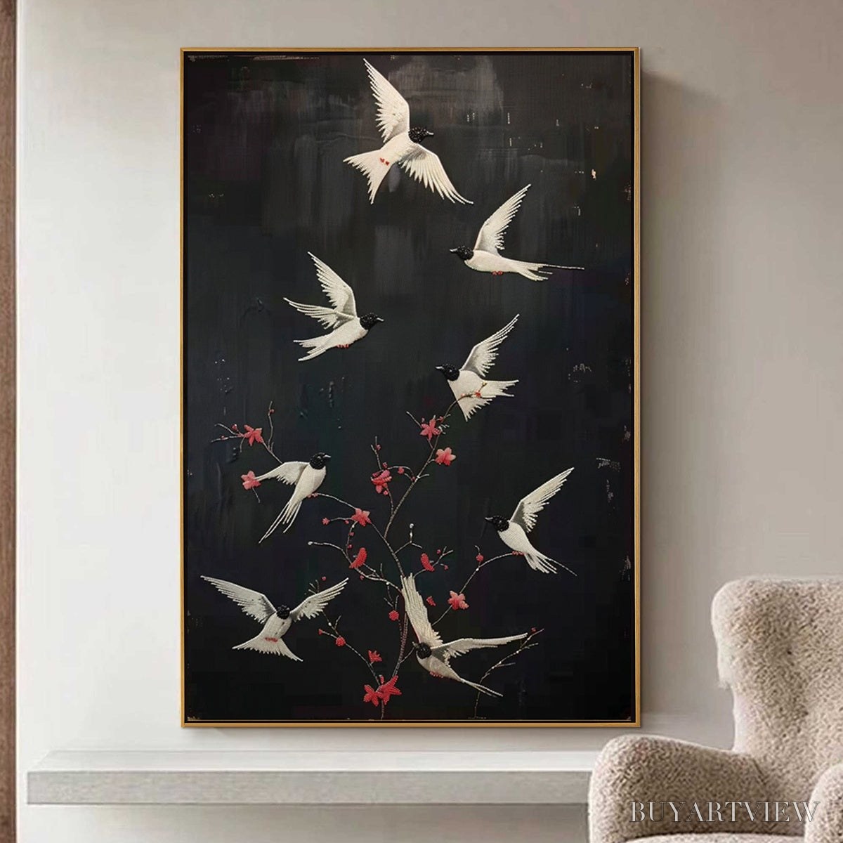 BUYARTVIEW Dancing in the Dark – Beaded Birds and Blossoms Artwork - image 4