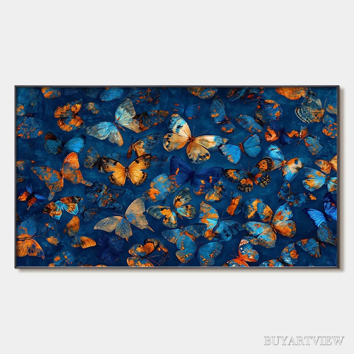 BUYARTVIEW Blue Morpho Waltz – Blue & Gold Butterfly Oil Painting on Canvas - image 1
