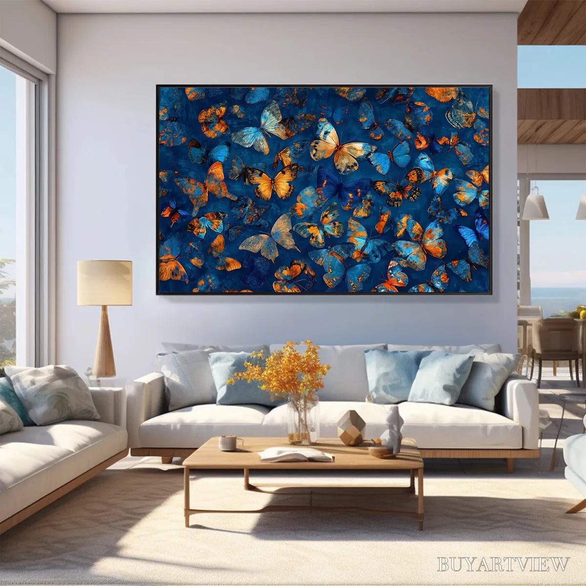 BUYARTVIEW Blue Morpho Waltz – Blue & Gold Butterfly Oil Painting on Canvas - image 2