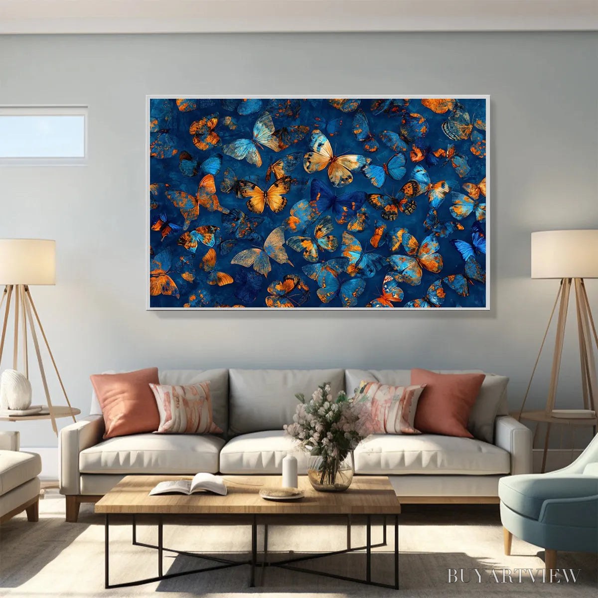 BUYARTVIEW Blue Morpho Waltz – Blue & Gold Butterfly Oil Painting on Canvas - image 5