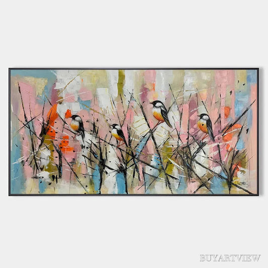BUYARTVIEW Whimsical Birds – Panoramic Painting of Birds on Branches, Pastel Colors, Modern , Pink, Blue - image 1