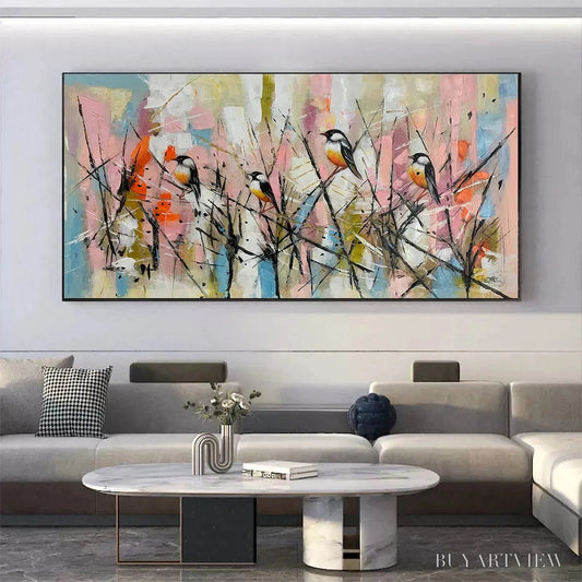 BUYARTVIEW Whimsical Birds – Panoramic Painting of Birds on Branches, Pastel Colors, Modern , Pink, Blue - image 2