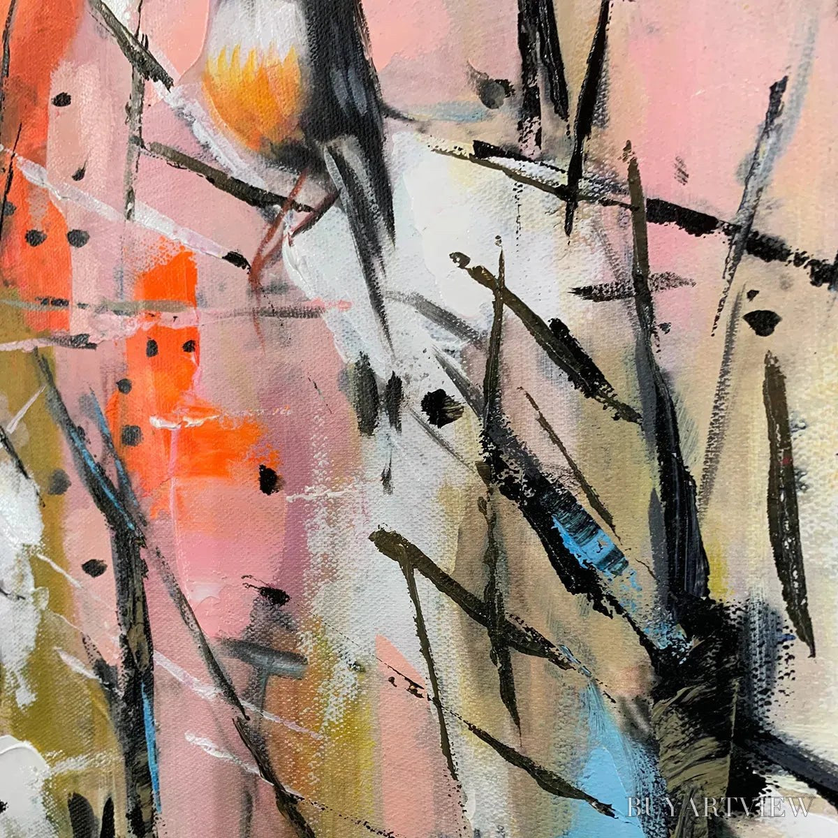 BUYARTVIEW Whimsical Birds – Panoramic Painting of Birds on Branches, Pastel Colors, Modern , Pink, Blue - image 3