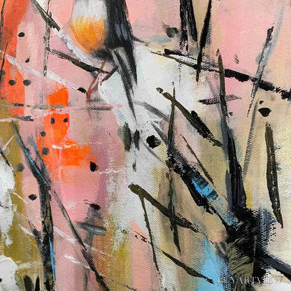 BUYARTVIEW Whimsical Birds – Panoramic Painting of Birds on Branches, Pastel Colors, Modern , Pink, Blue - image 3