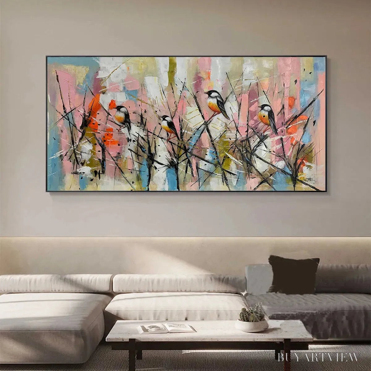 BUYARTVIEW Whimsical Birds – Panoramic Painting of Birds on Branches, Pastel Colors, Modern , Pink, Blue - image 4