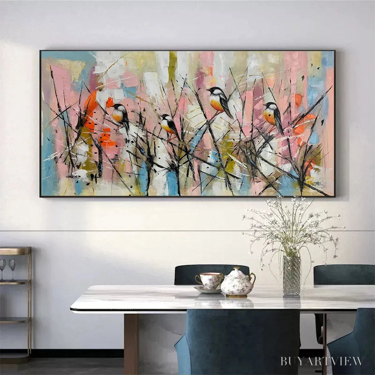 BUYARTVIEW Whimsical Birds – Panoramic Painting of Birds on Branches, Pastel Colors, Modern , Pink, Blue - image 5