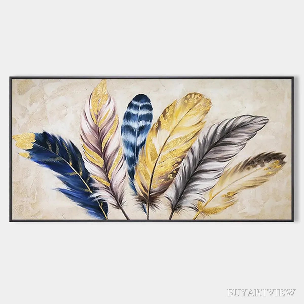 BUYARTVIEW Golden Feathers – Elegant Feather Painting, Horizontal - image 1