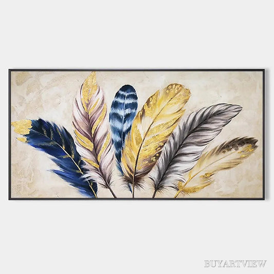 BUYARTVIEW Golden Feathers – Elegant Feather Painting, Horizontal - image 1
