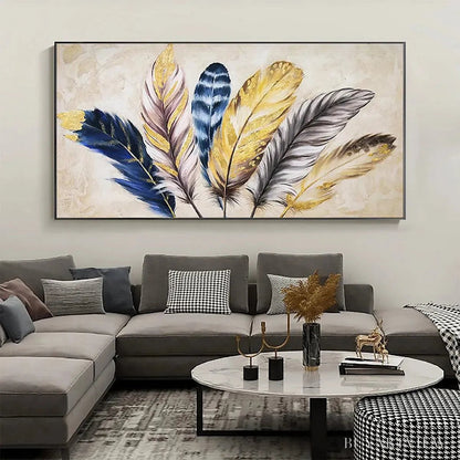 BUYARTVIEW Golden Feathers – Elegant Feather Painting, Horizontal - image 2