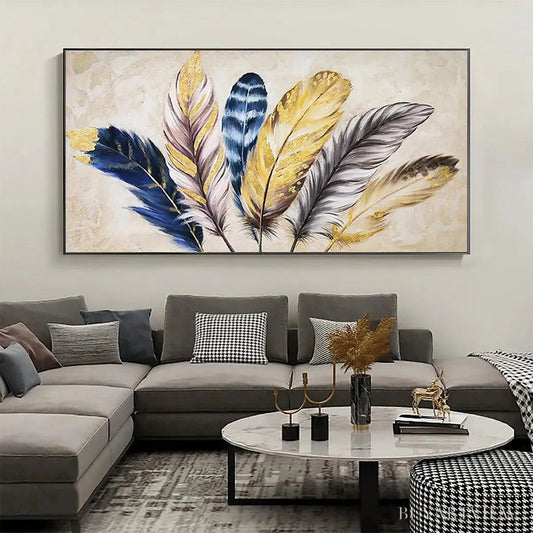 BUYARTVIEW Golden Feathers – Elegant Feather Painting, Horizontal - image 2