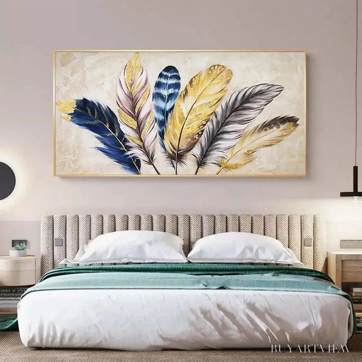 BUYARTVIEW Golden Feathers – Elegant Feather Painting, Horizontal - image 6