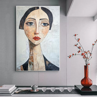 SERENE GAZE: Textured Figurative Portrait Oil Painting