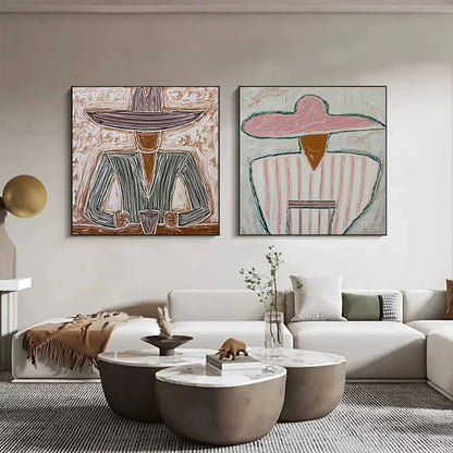 SOMBRERO DUET: Textured Figurative Portrait Diptych