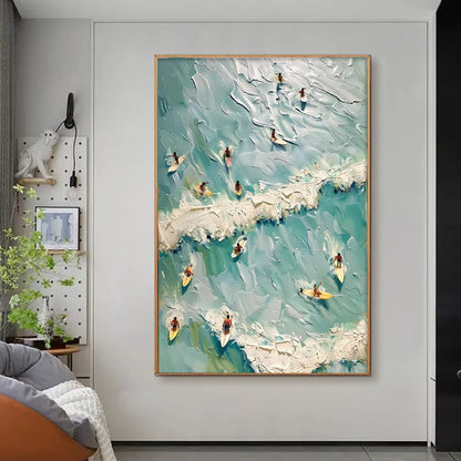 SURF'S UP: Textured Aerial View of Surfers Oil Painting