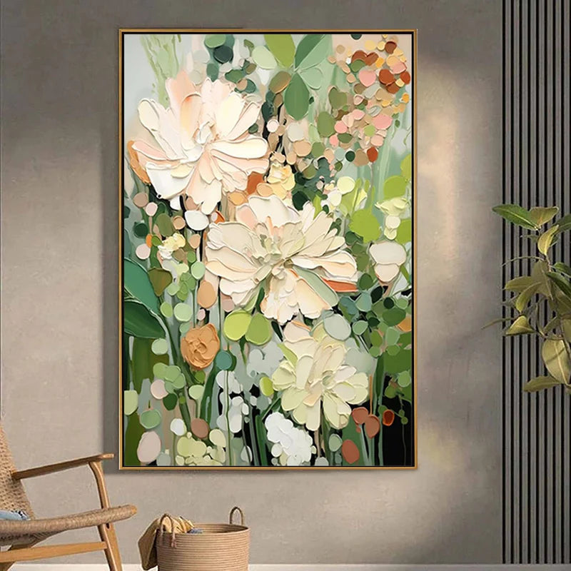 BLUSHING BLOOMS: Textured Floral Painting, Impasto Palette Knife, Vertical Canvas, Modern Floral Wall Art