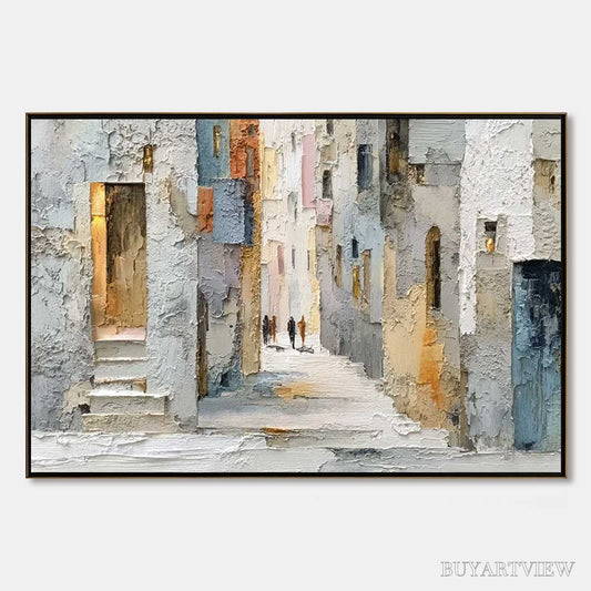 BUYARTVIEW Golden Passage – Textured Impasto Painting of a Sunlit European Alleyway - image 1