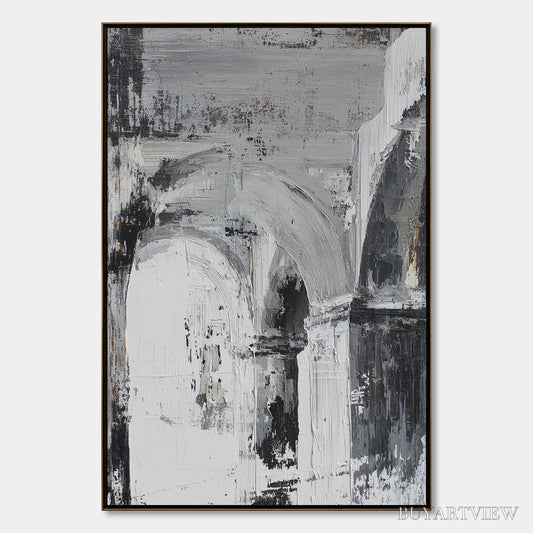 BUYARTVIEW Echoes of the Arcade – Monochrome Abstract Architectural Painting - image 1