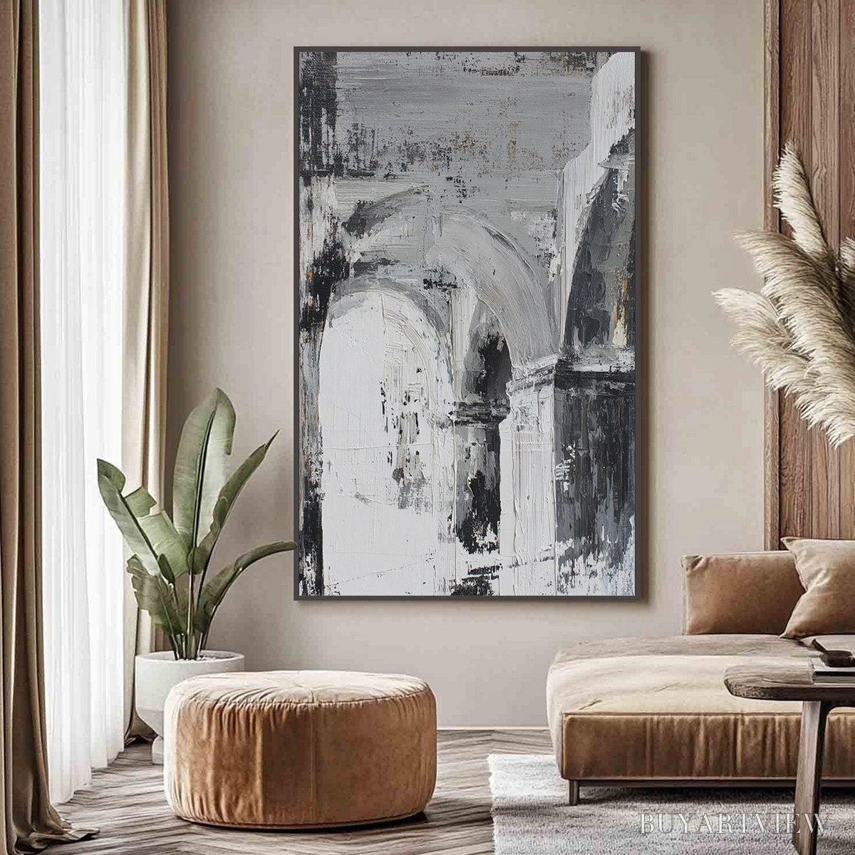 BUYARTVIEW Echoes of the Arcade – Monochrome Abstract Architectural Painting - image 4