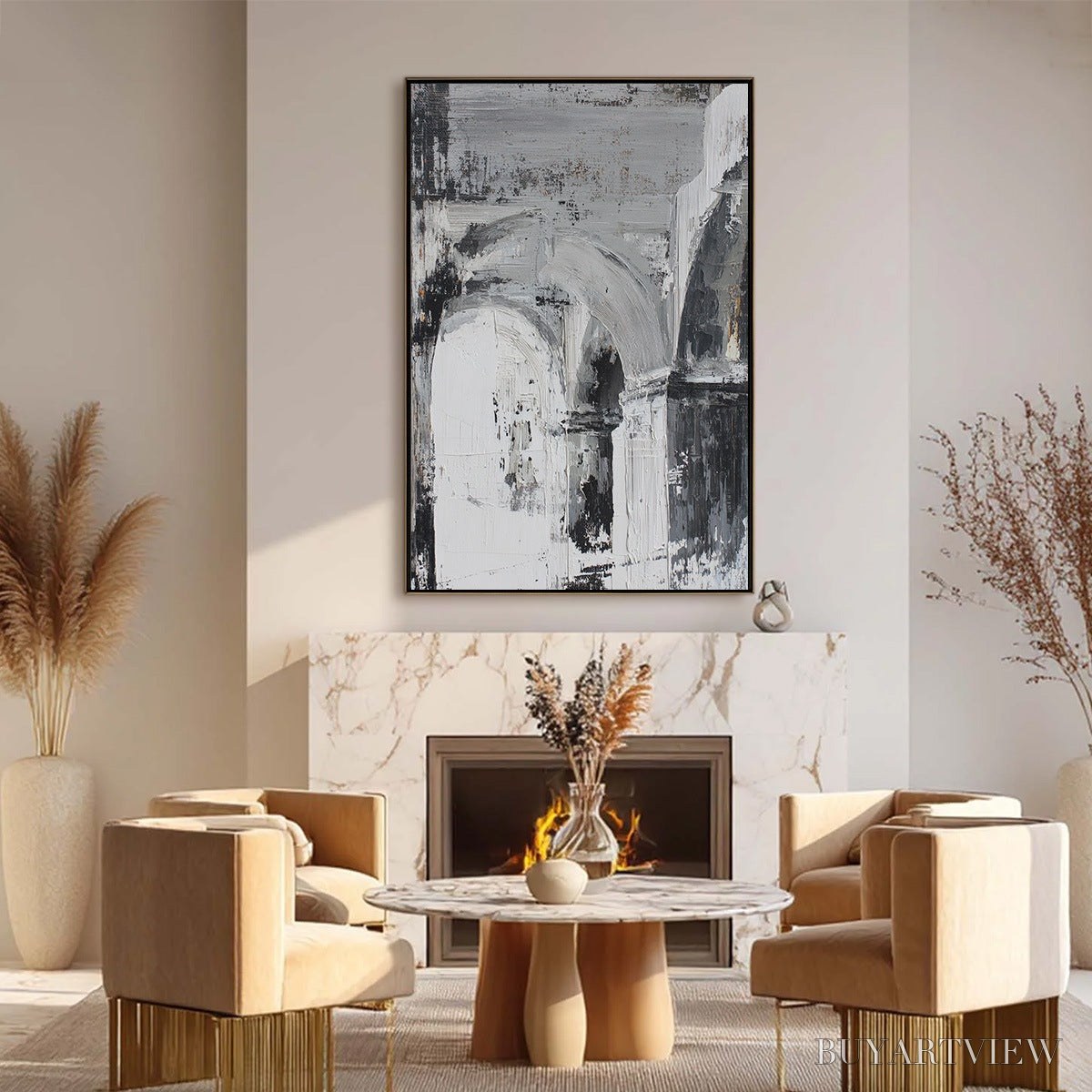 BUYARTVIEW Echoes of the Arcade – Monochrome Abstract Architectural Painting - image 6