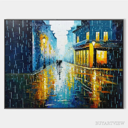 BUYARTVIEW Rainy Night in Paris – Textured Cityscape Painting, Rainy Street Scene, Blue, Living Room, Dining Room, Office - image 1