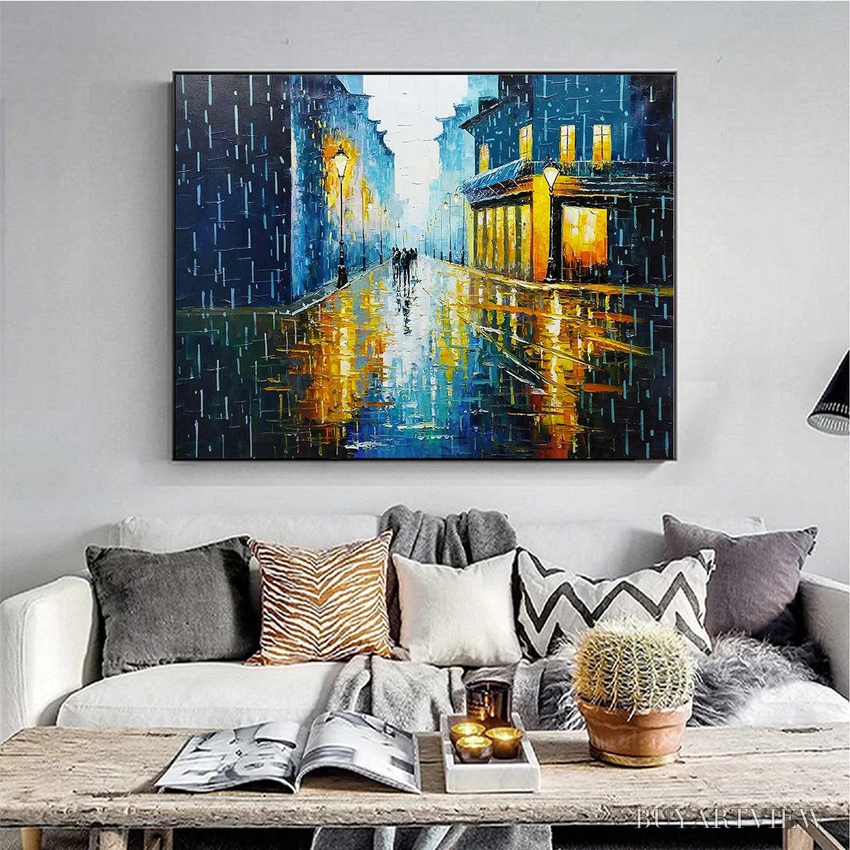 BUYARTVIEW Rainy Night in Paris – Textured Cityscape Painting, Rainy Street Scene, Blue, Living Room, Dining Room, Office - image 2