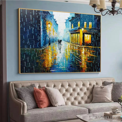 BUYARTVIEW Rainy Night in Paris – Textured Cityscape Painting, Rainy Street Scene, Blue, Living Room, Dining Room, Office - image 4