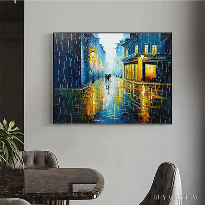 BUYARTVIEW Rainy Night in Paris – Textured Cityscape Painting, Rainy Street Scene, Blue, Living Room, Dining Room, Office - image 5