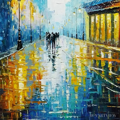 BUYARTVIEW Rainy Night in Paris – Textured Cityscape Painting, Rainy Street Scene, Blue, Living Room, Dining Room, Office - image 6