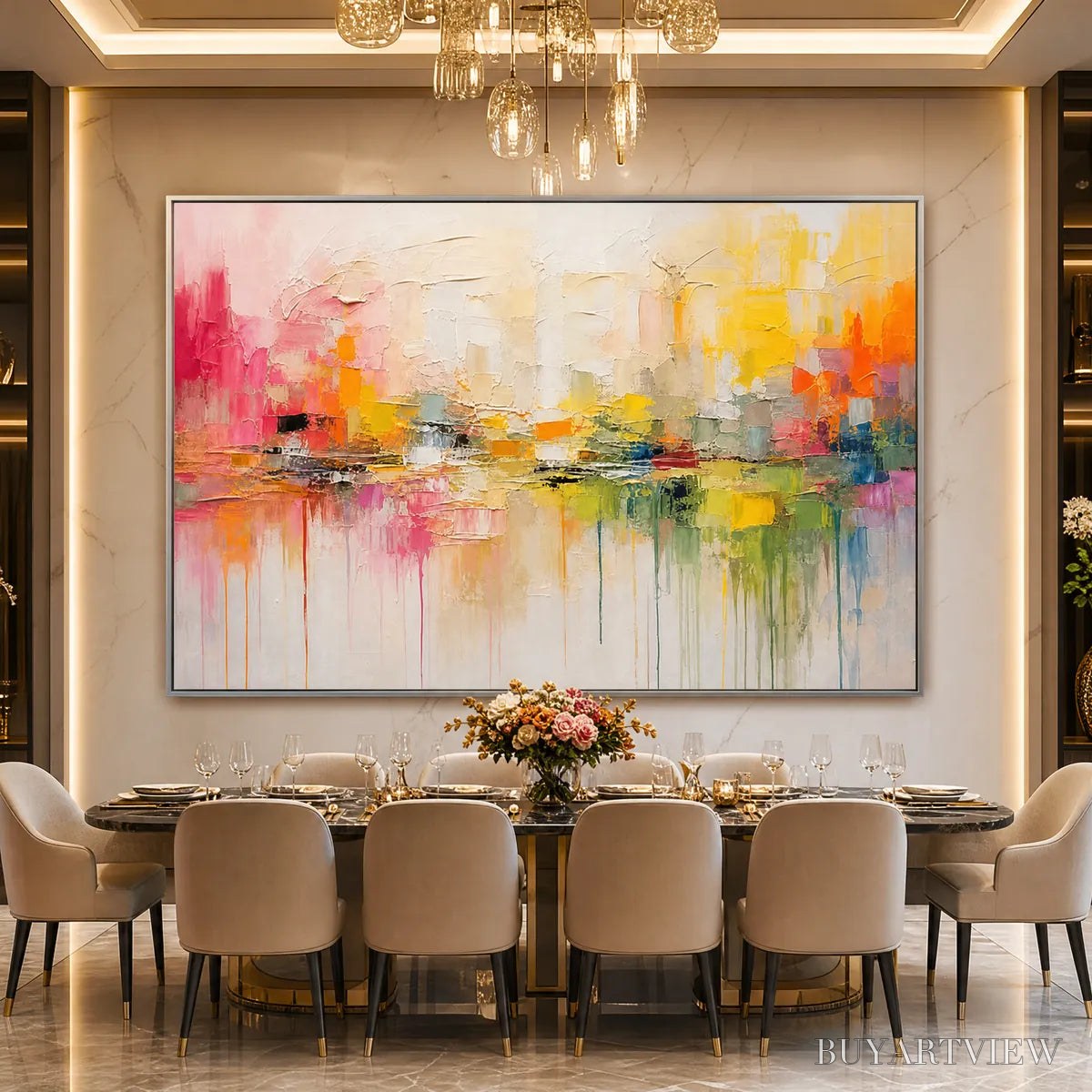 BUYARTVIEW First Light – Colorful Textured Abstract Cityscape Reflection Oil Painting - image 4