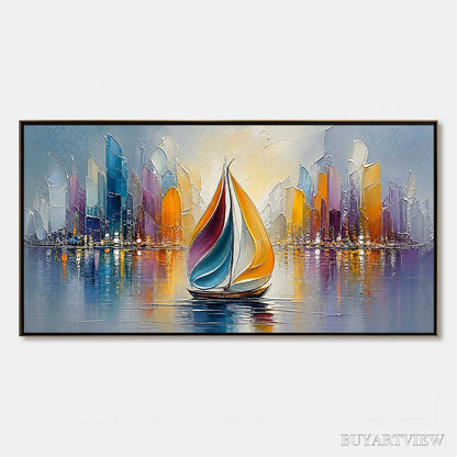 BUYARTVIEW Vibrant Voyage – Textured Abstract Cityscape Sailboat Painting - image 1