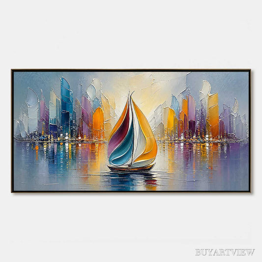 BUYARTVIEW Vibrant Voyage – Textured Abstract Cityscape Sailboat Painting - image 1