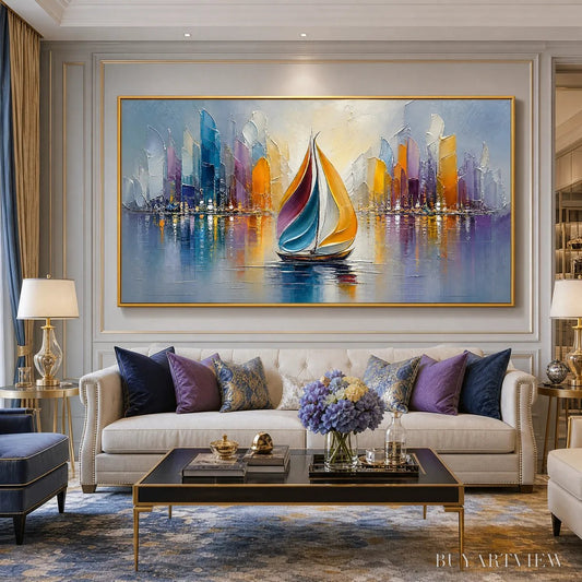 BUYARTVIEW Vibrant Voyage – Textured Abstract Cityscape Sailboat Painting - image 2