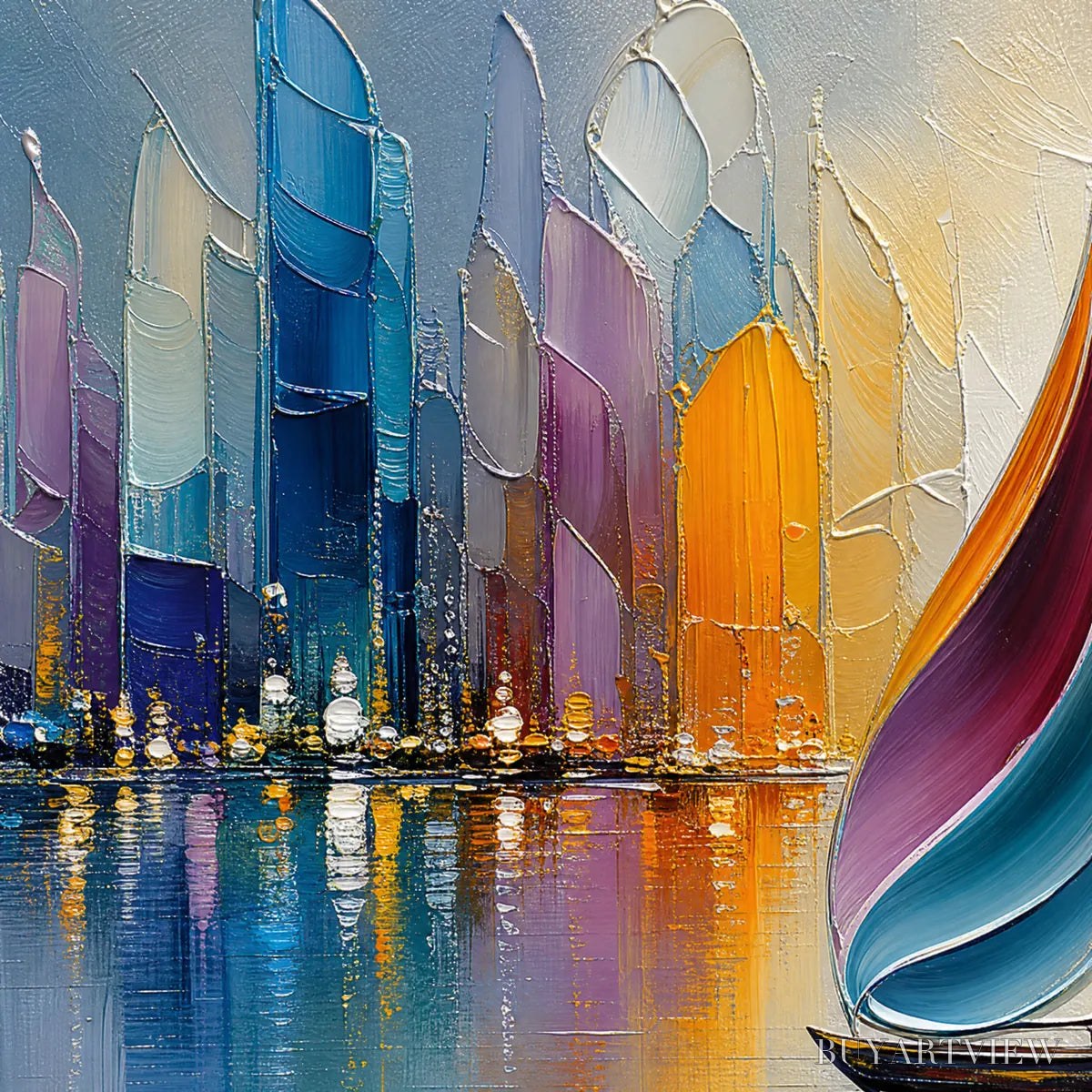 BUYARTVIEW Vibrant Voyage – Textured Abstract Cityscape Sailboat Painting - image 3