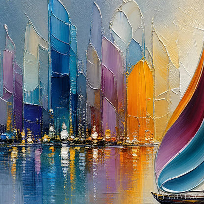 BUYARTVIEW Vibrant Voyage – Textured Abstract Cityscape Sailboat Painting - image 3