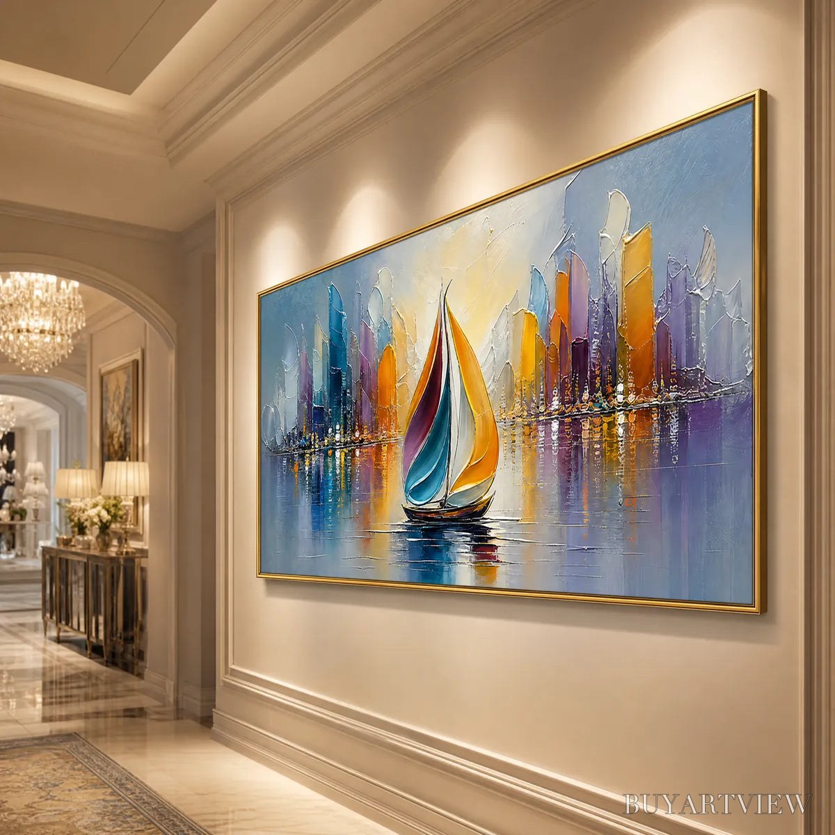 BUYARTVIEW Vibrant Voyage – Textured Abstract Cityscape Sailboat Painting - image 4