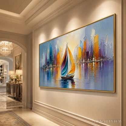 BUYARTVIEW Vibrant Voyage – Textured Abstract Cityscape Sailboat Painting - image 4