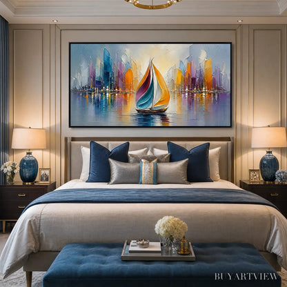 BUYARTVIEW Vibrant Voyage – Textured Abstract Cityscape Sailboat Painting - image 5