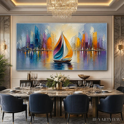 BUYARTVIEW Vibrant Voyage – Textured Abstract Cityscape Sailboat Painting - image 6