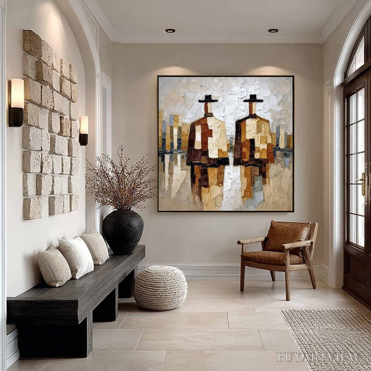 BUYARTVIEW the Companions – Textured Abstract Cityscape Painting of Two Figures - image 6