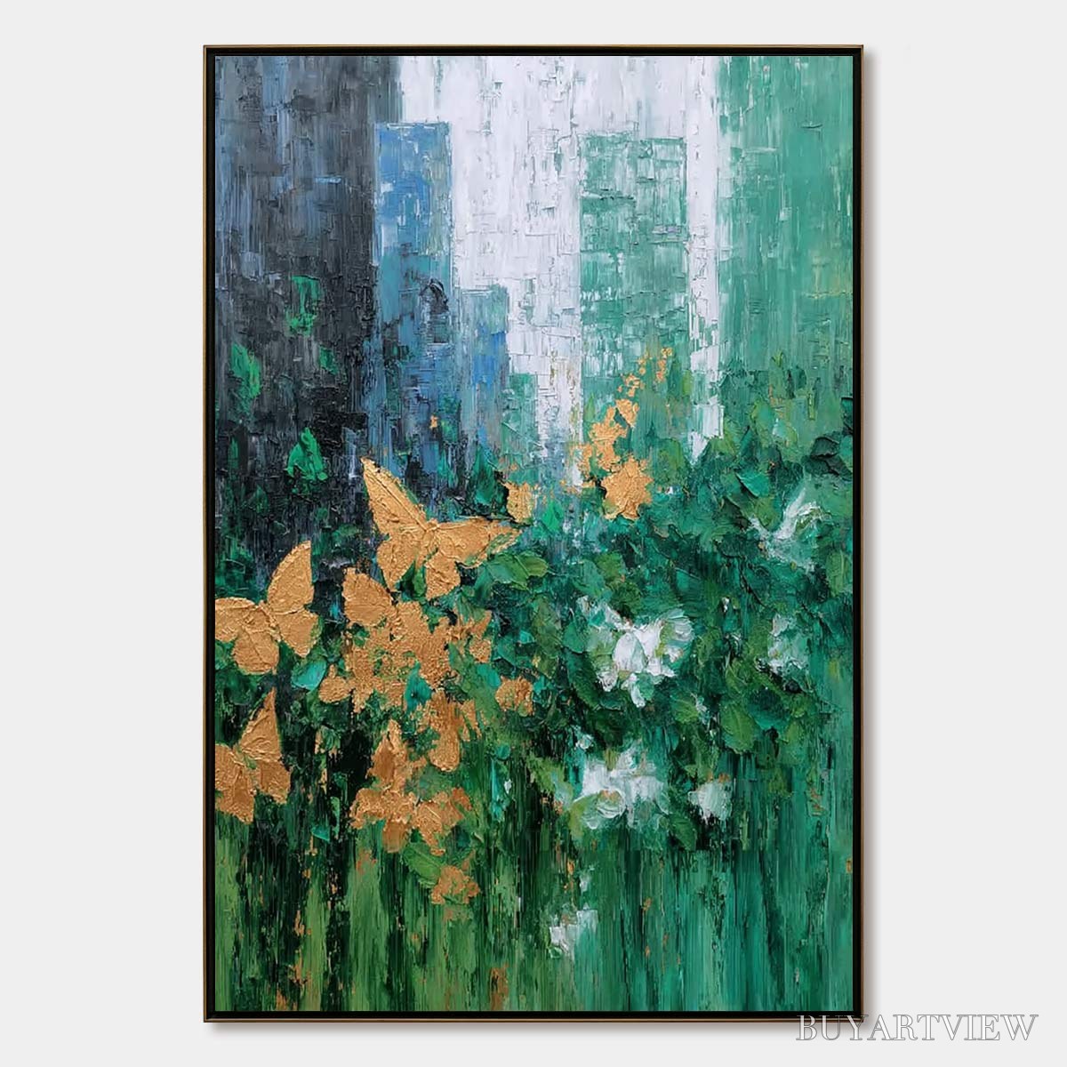 BUYARTVIEW Golden Metamorphosis – Textured Abstract Cityscape Painting with Golden Butterflies - image 1
