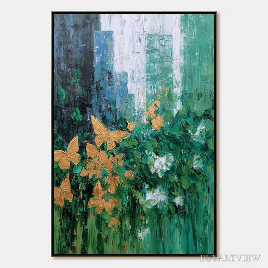 BUYARTVIEW Golden Metamorphosis – Textured Abstract Cityscape Painting with Golden Butterflies - image 1