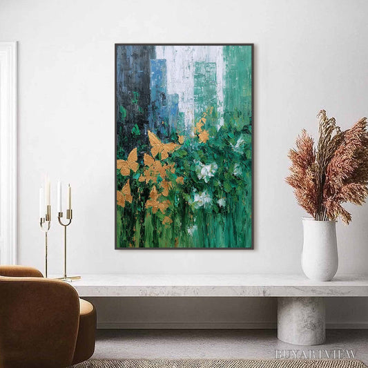 BUYARTVIEW Golden Metamorphosis – Textured Abstract Cityscape Painting with Golden Butterflies - image 2