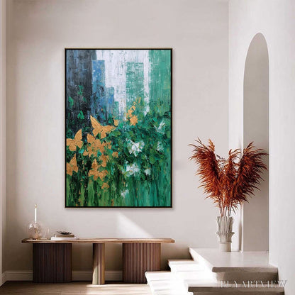 BUYARTVIEW Golden Metamorphosis – Textured Abstract Cityscape Painting with Golden Butterflies - image 4