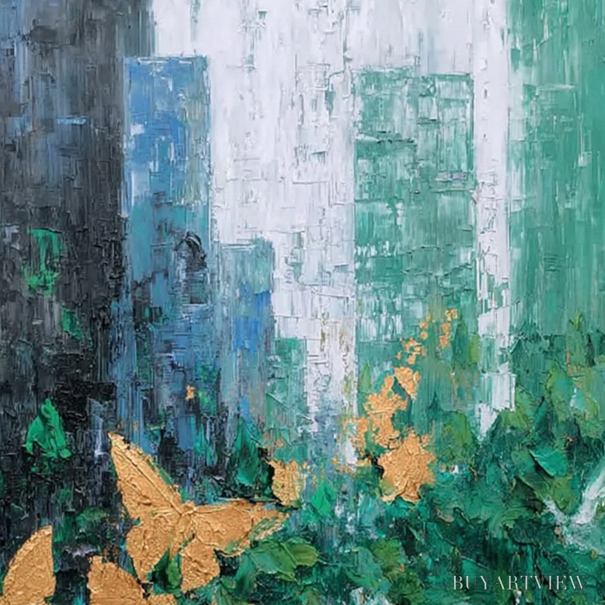 BUYARTVIEW Golden Metamorphosis – Textured Abstract Cityscape Painting with Golden Butterflies - image 5