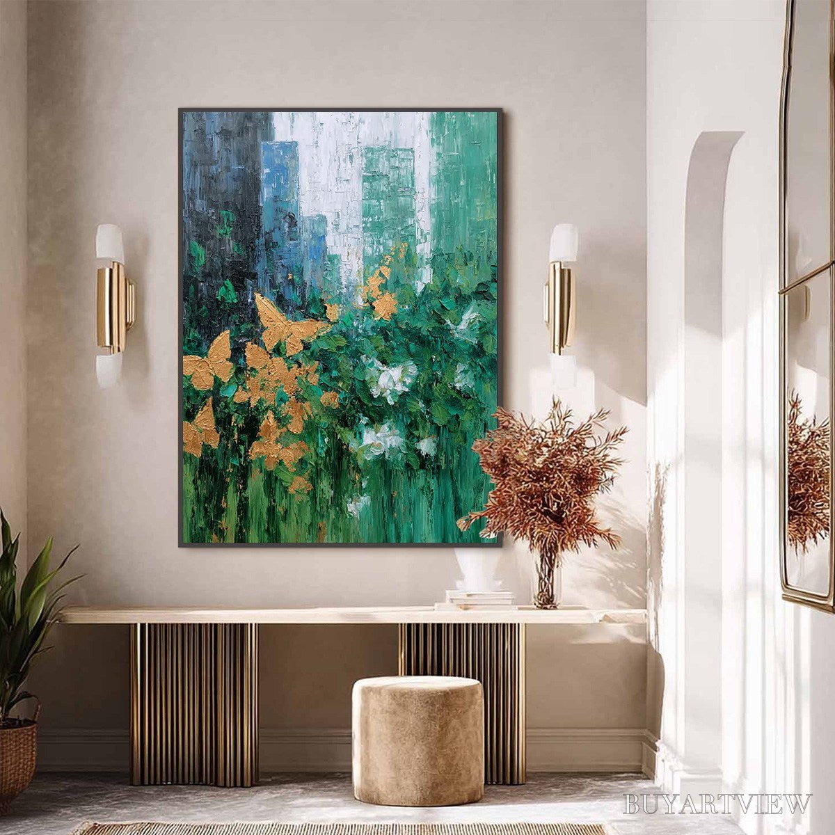 BUYARTVIEW Golden Metamorphosis – Textured Abstract Cityscape Painting with Golden Butterflies - image 6