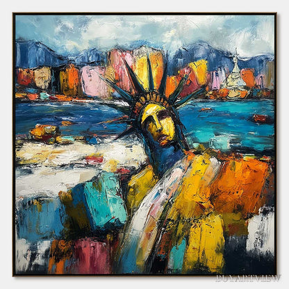 BUYARTVIEW Empire Vibrations – Textured Abstract Statue of Liberty Cityscape Painting - image 1
