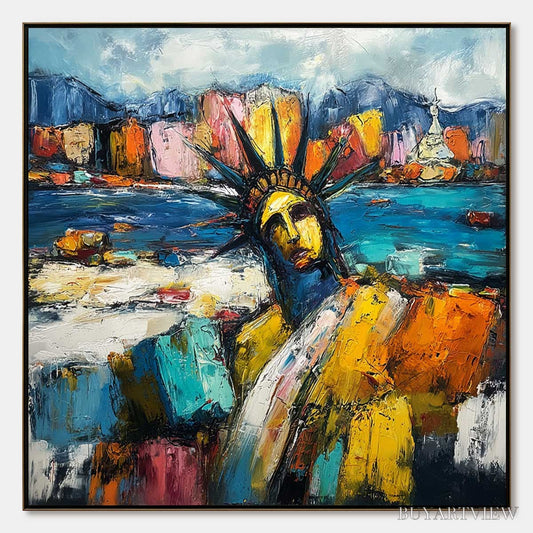 BUYARTVIEW Empire Vibrations – Textured Abstract Statue of Liberty Cityscape Painting - image 1